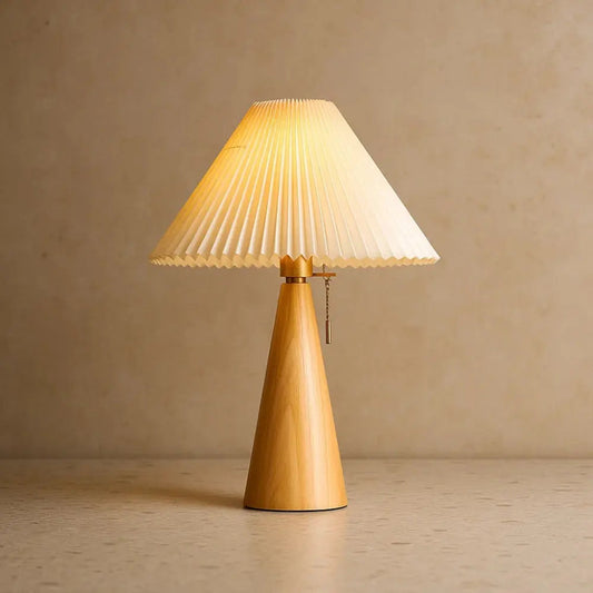 Halen vintage table lamp, pleated fabric shade and wood base, packshot | Wickleigh