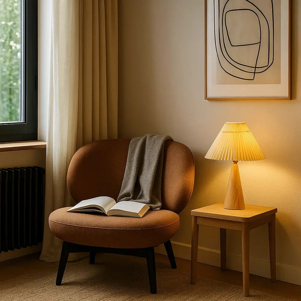 Halen vintage table lamp, pleated fabric shade and wood base, packshot | Wickleigh