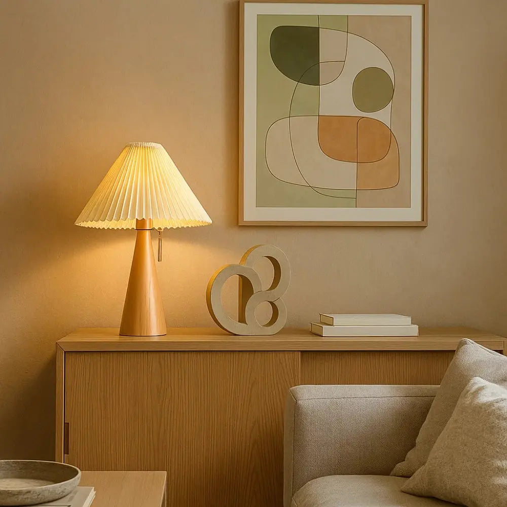 Halen vintage table lamp, pleated fabric shade and wood base, packshot | Wickleigh
