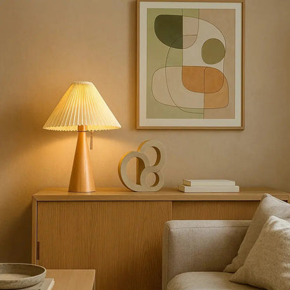 Halen vintage table lamp, pleated fabric shade and wood base, packshot | Wickleigh