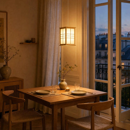 Norla Japanese pendant light lit above a dining corner table at dusk, urban balcony in the background | Wickleigh