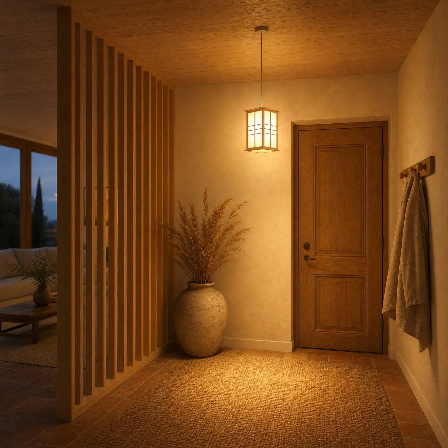 Norla Japanese pendant light lit in a hallway with a wooden screen at nightfall | Wickleigh