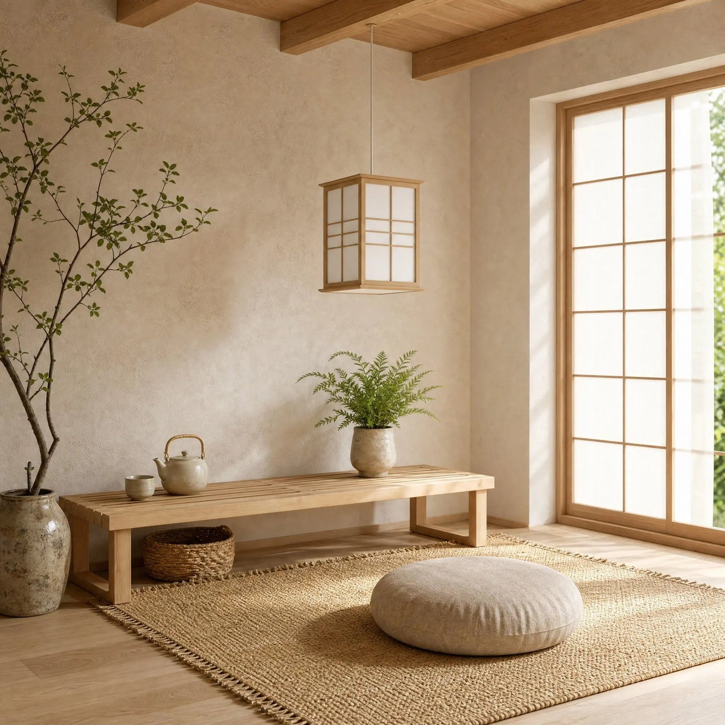 Norla Japanese pendant light in a Japandi meditation corner bathed in natural light | Wickleigh