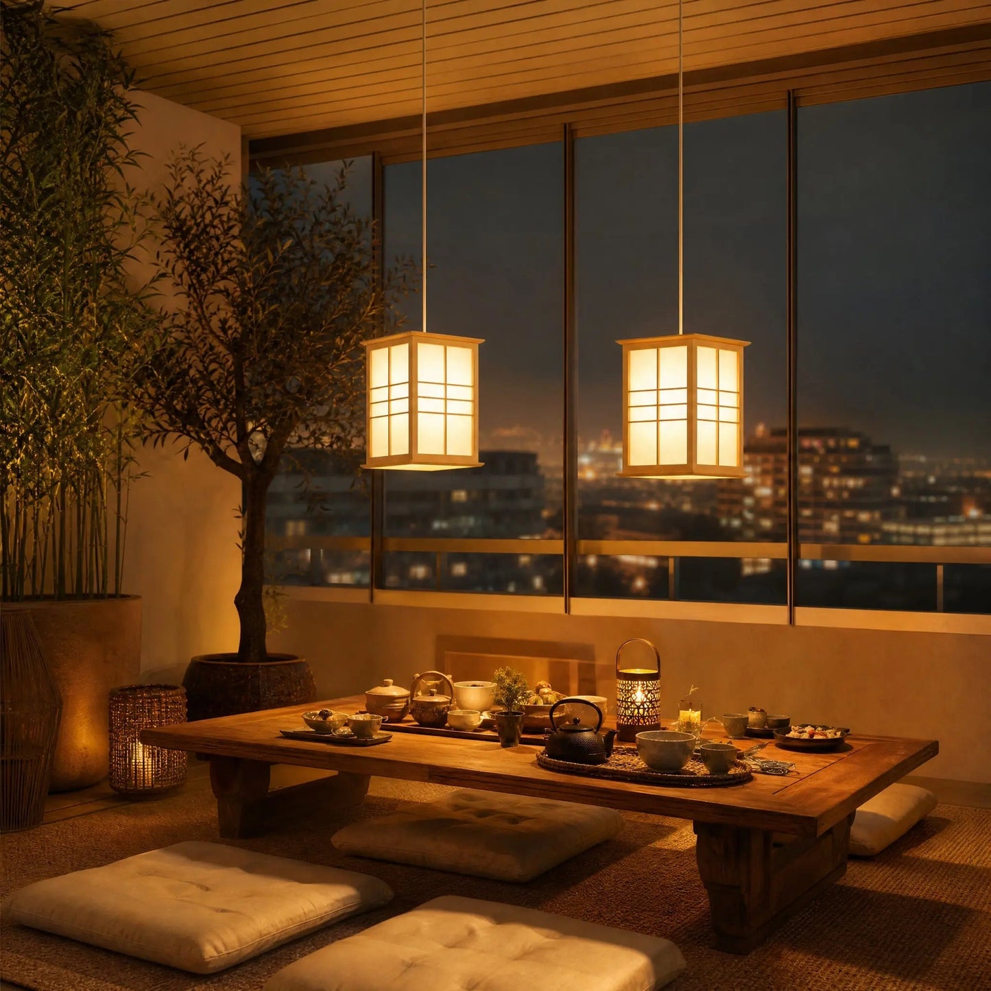 Two Norla Japanese pendant lights aligned above a coffee table on a loggia in the evening | Wickleigh