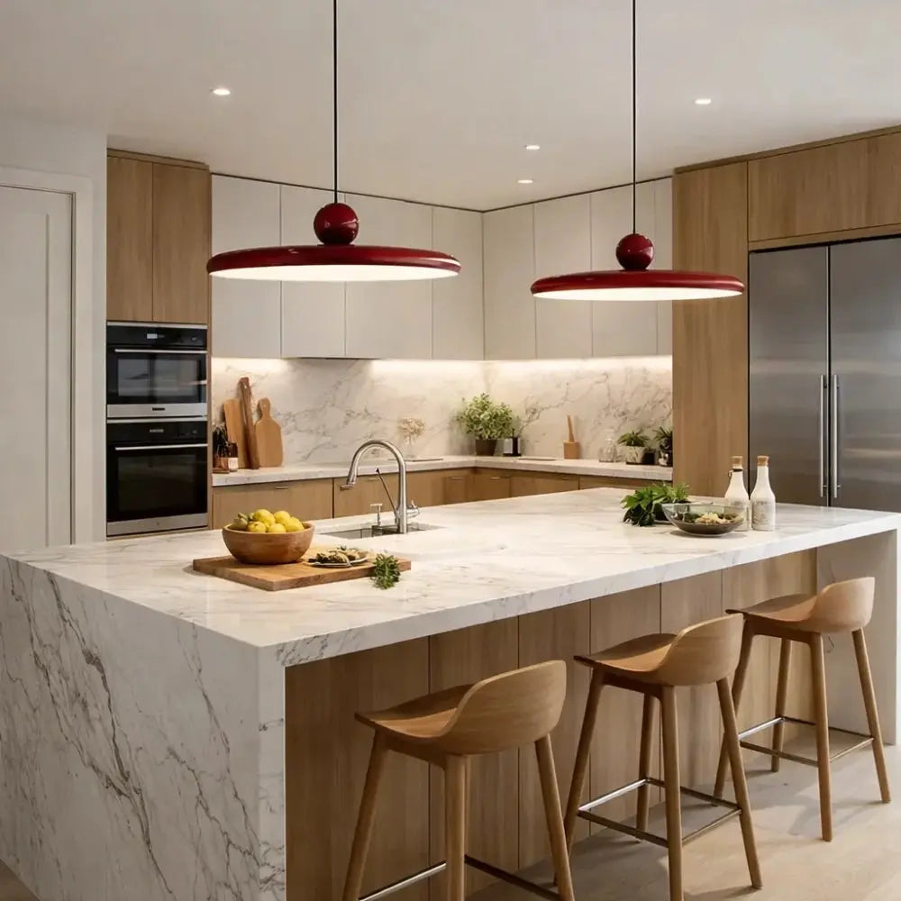 Yvren pendant light, lacquered disc and orb, packshot | Wickleigh