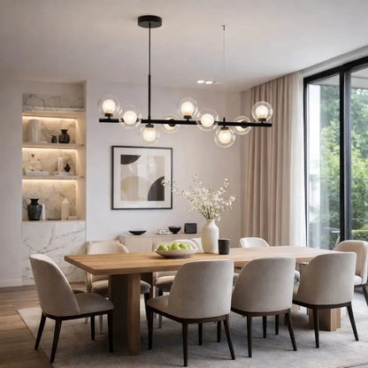 Odvin linear pendant light, glass globe row above dining table, packshot | Wickleigh