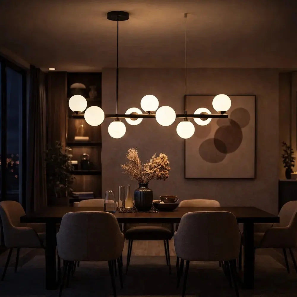 Odvin linear pendant light, glass globe row above dining table, packshot | Wickleigh