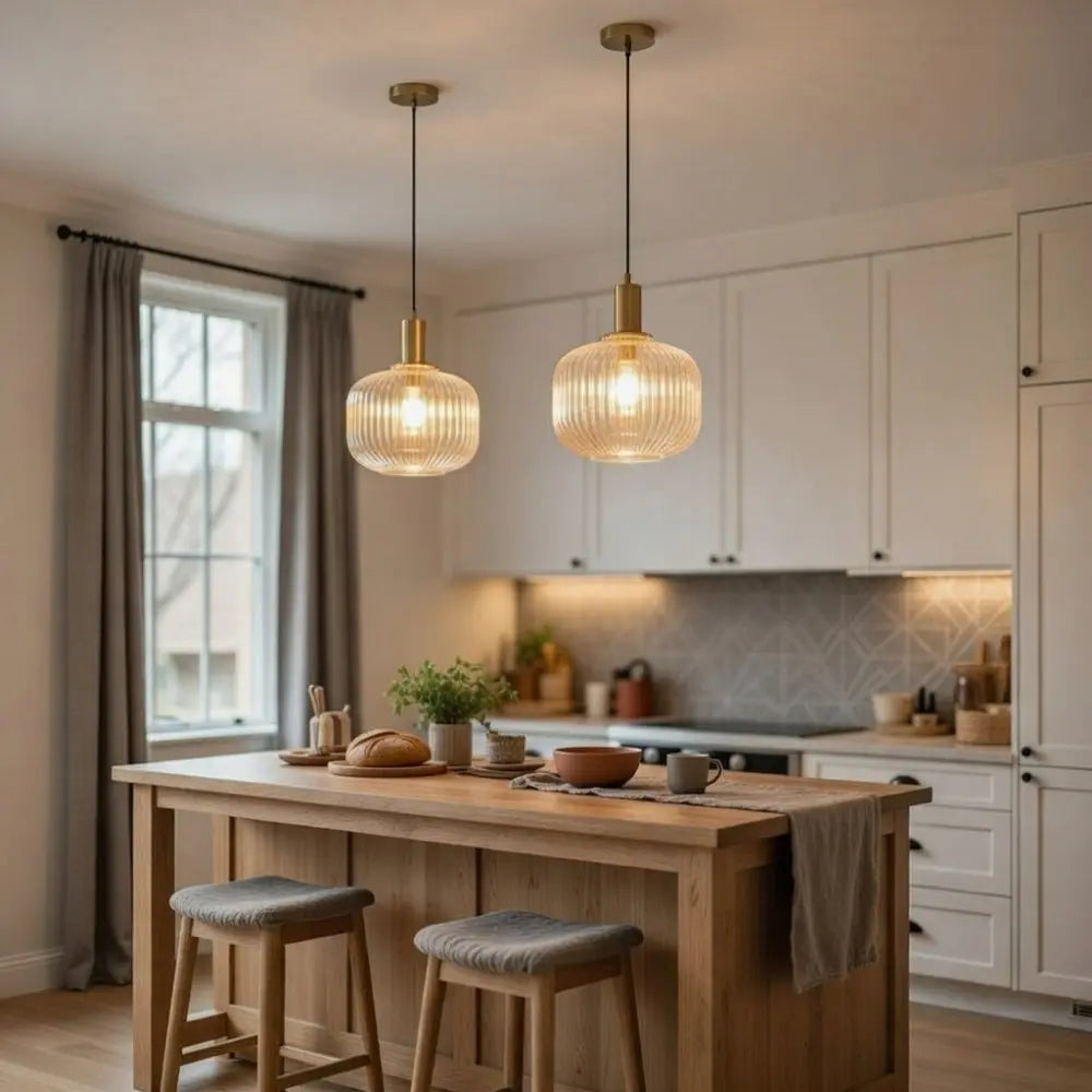 Tinna coloured glass pendant light, retro wave shade, packshot | Wickleigh