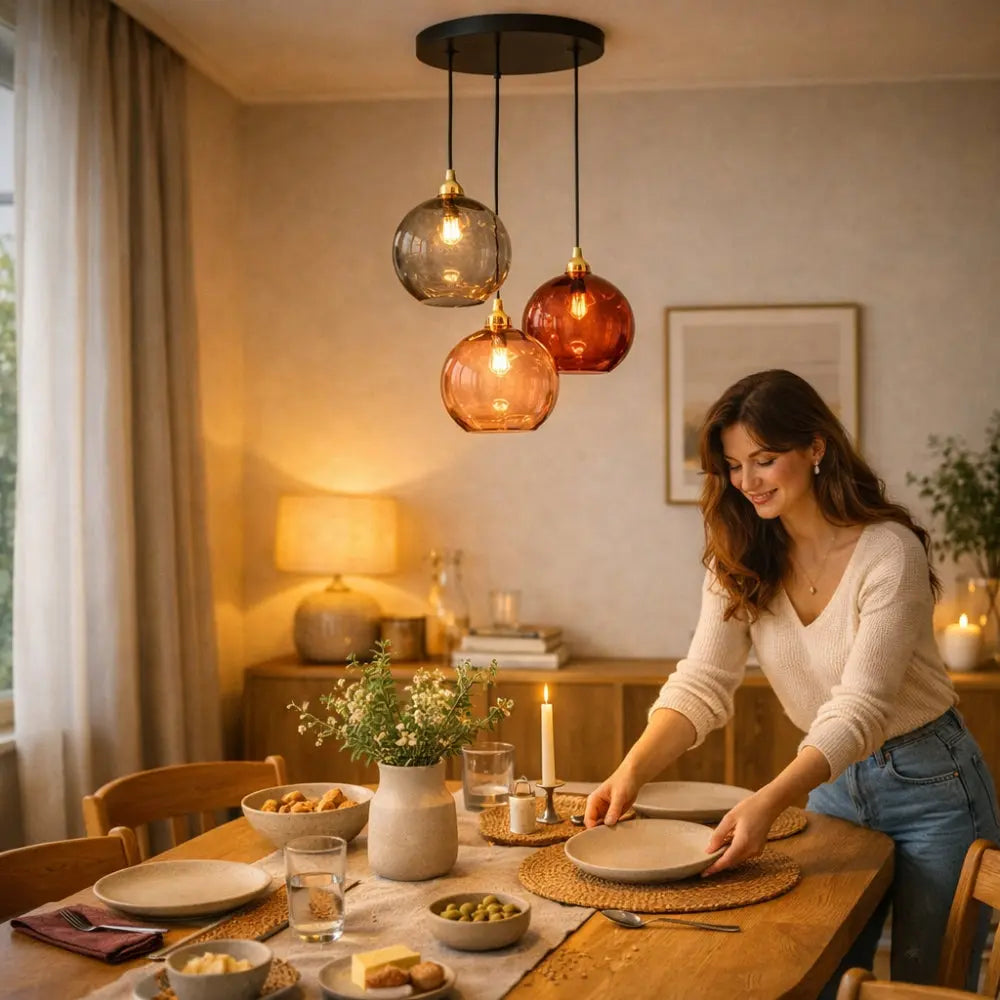 Nybin coloured glass pendant light, cascading spheres, packshot | Wickleigh