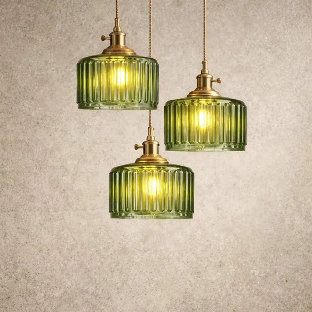 Ingin ribbed glass pendant light, gold cylinder, packshot | Wickleigh