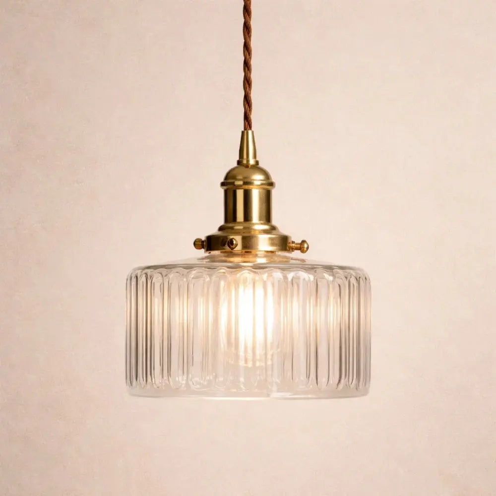 Ingin ribbed glass pendant light, gold cylinder, packshot | Wickleigh