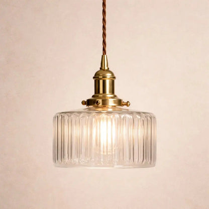 Ingin ribbed glass pendant light, gold cylinder, packshot | Wickleigh