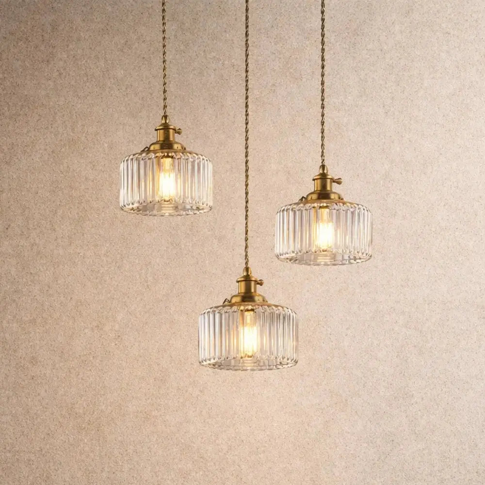 Ingin ribbed glass pendant light, gold cylinder, packshot | Wickleigh