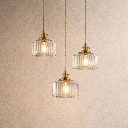 Ingin ribbed glass pendant light, gold cylinder, packshot | Wickleigh