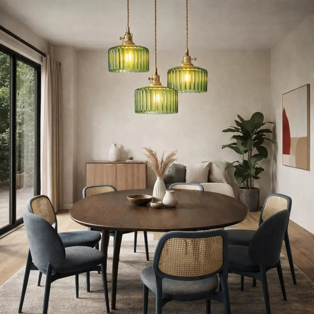 Ingin ribbed glass pendant light, gold cylinder, packshot | Wickleigh