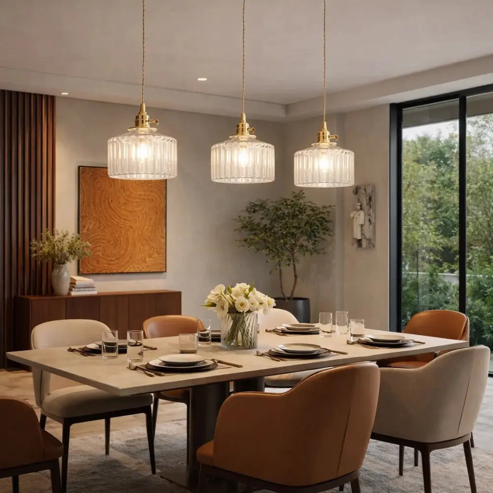 Ingin ribbed glass pendant light, gold cylinder, packshot | Wickleigh