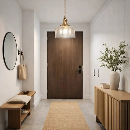 Ingin ribbed glass pendant light, gold cylinder, packshot | Wickleigh