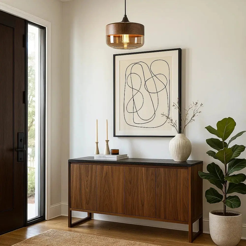 Vigna wood-effect glass pendant light, packshot | Wickleigh