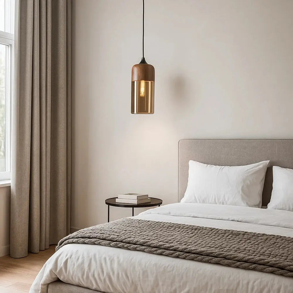 Vigna wood-effect glass pendant light, packshot | Wickleigh