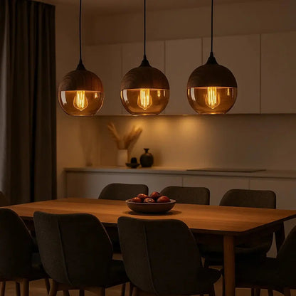 Vigna wood-effect glass pendant light, packshot | Wickleigh