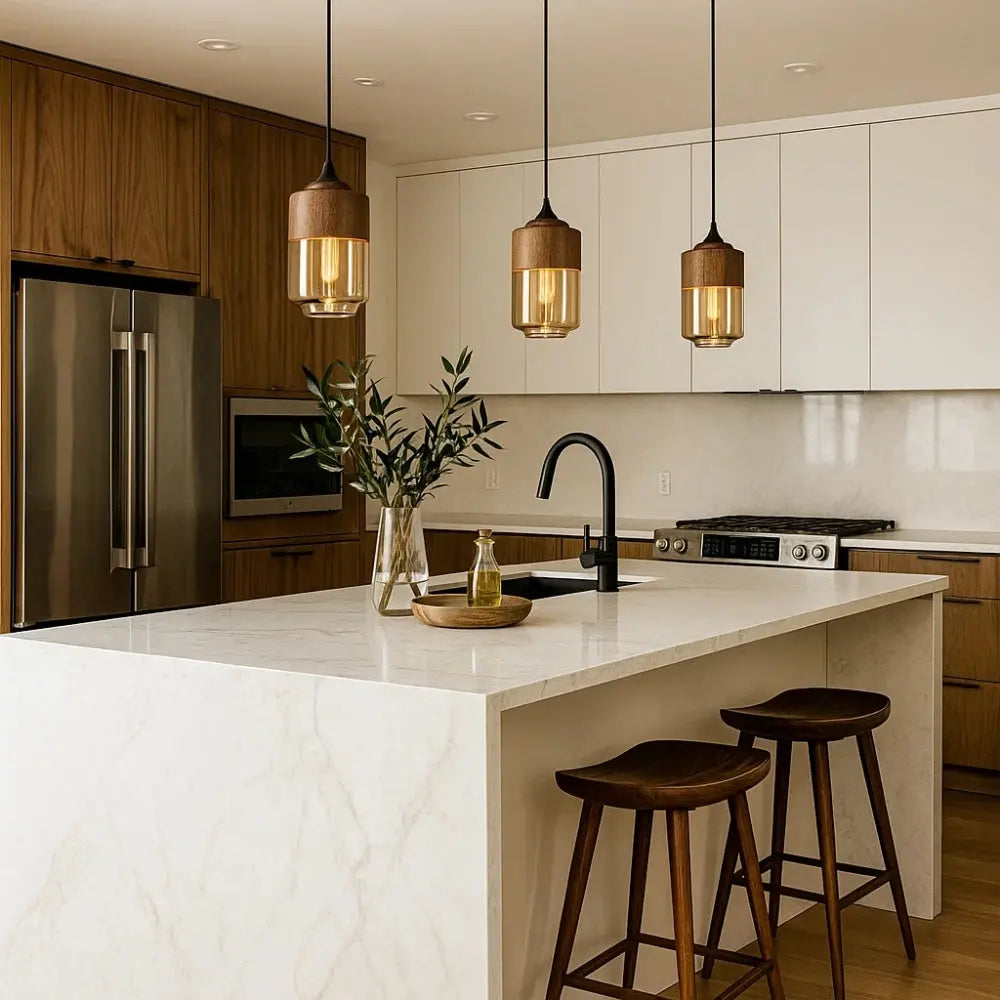 Vigna wood-effect glass pendant light, packshot | Wickleigh