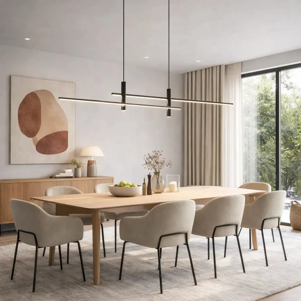 Thoin dining pendant light, slim metal and glass bar, packshot | Wickleigh