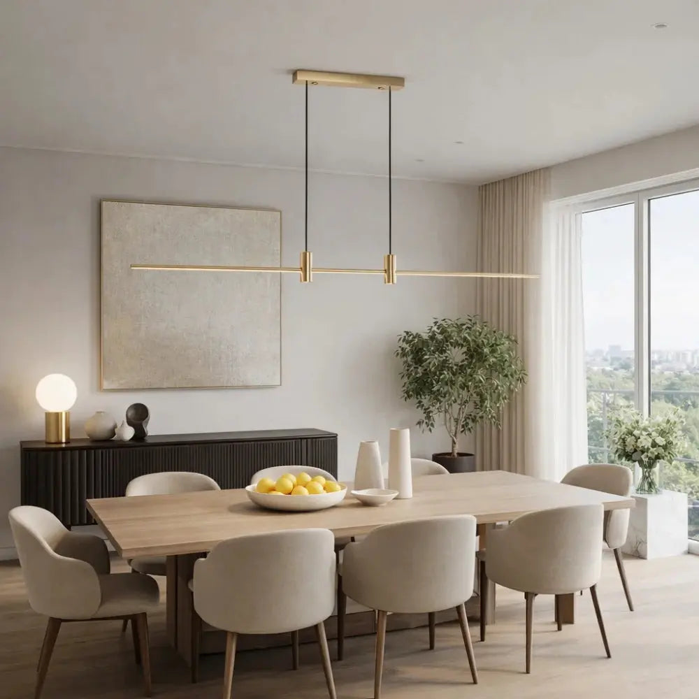 Thoin dining pendant light, slim metal and glass bar, packshot | Wickleigh
