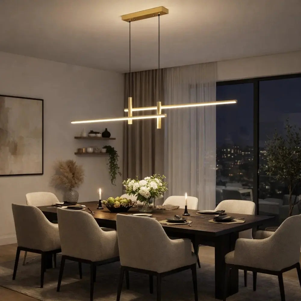 Thoin dining pendant light, slim metal and glass bar, packshot | Wickleigh