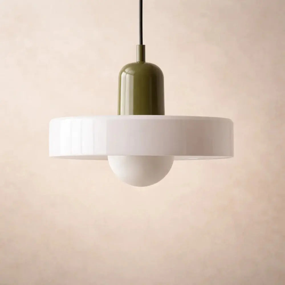 Arova pendant light, opal glass globe on fluted disc | Wickleigh