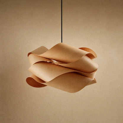 Vinin wood pendant light in natural wood veneer, beige mineral backdrop | Wickleigh