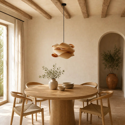 Vinin wood cloud pendant light above a round oak table in a dining room | Wickleigh