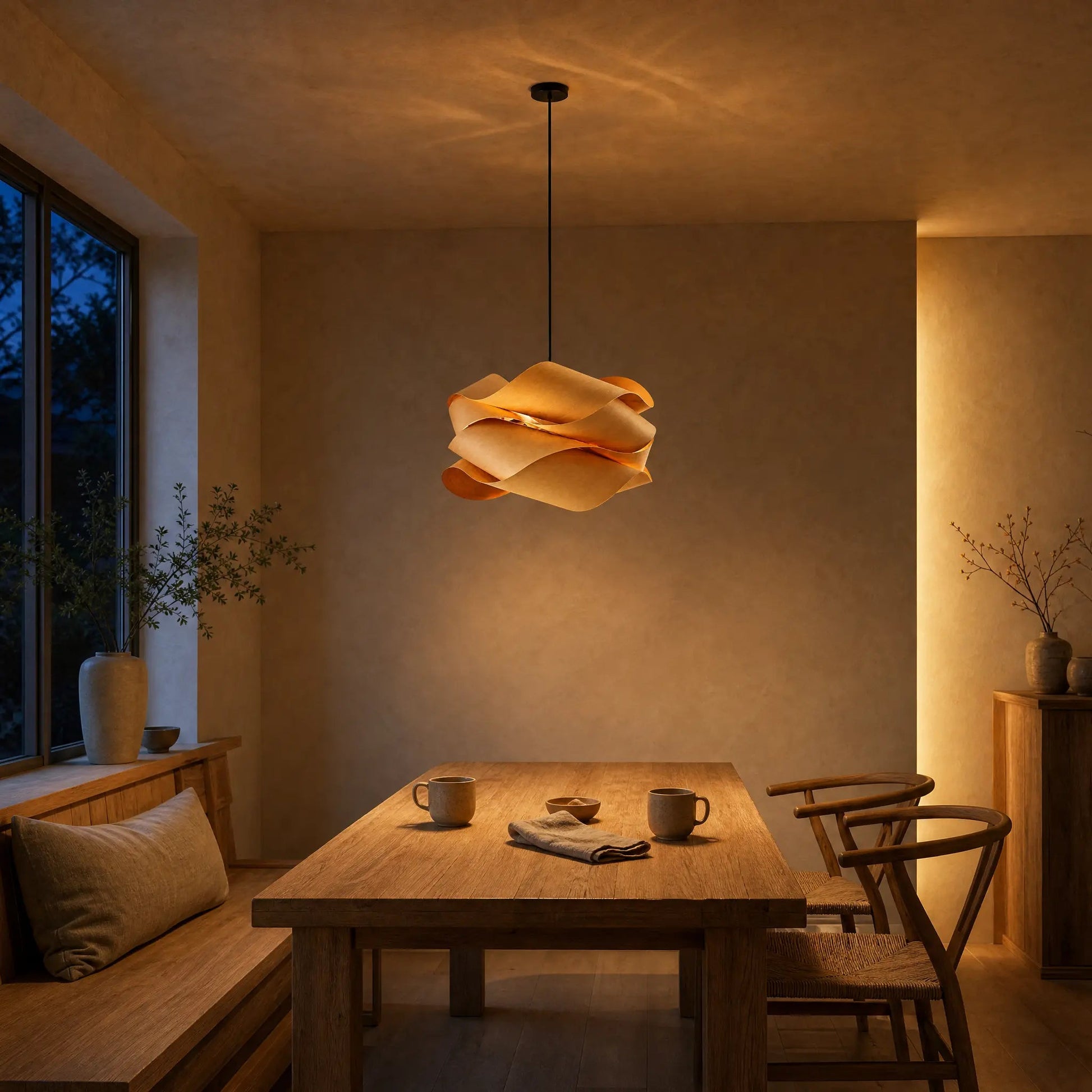Vinin wood pendant light lit at dusk, golden glow filtered through the veneer | Wickleigh