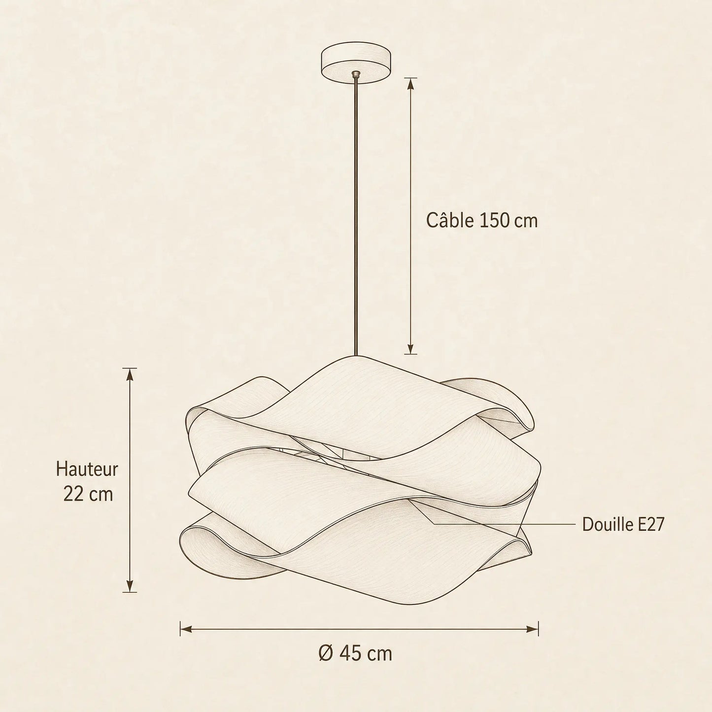 Dimension diagram of the Vinin wood pendant light: 45 cm diameter, 22 cm height, 150 cm cable, E27 fitting | Wickleigh
