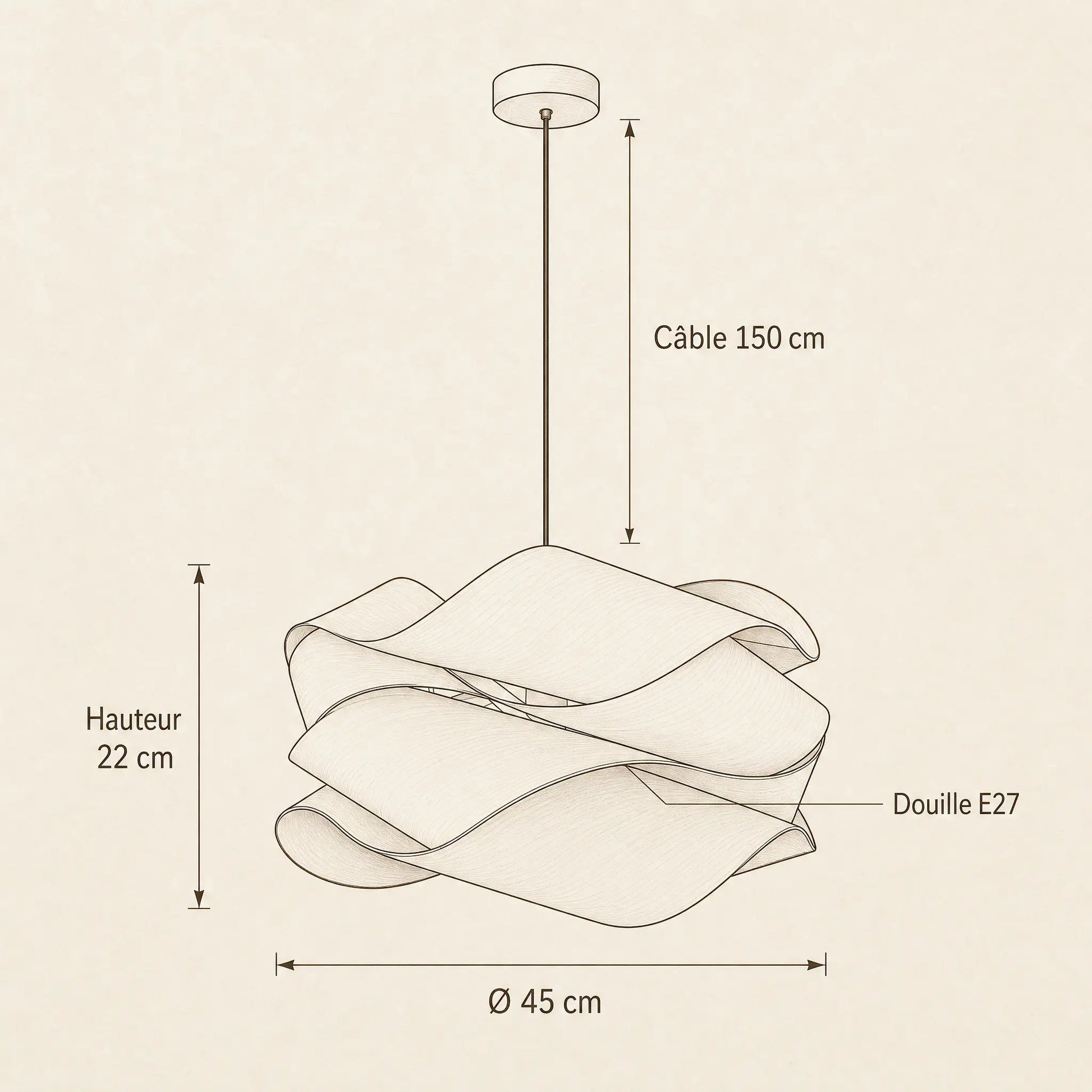 Dimension diagram of the Vinin wood pendant light: 45 cm diameter, 22 cm height, 150 cm cable, E27 fitting | Wickleigh