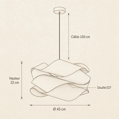 Dimension diagram of the Vinin wood pendant light: 45 cm diameter, 22 cm height, 150 cm cable, E27 fitting | Wickleigh