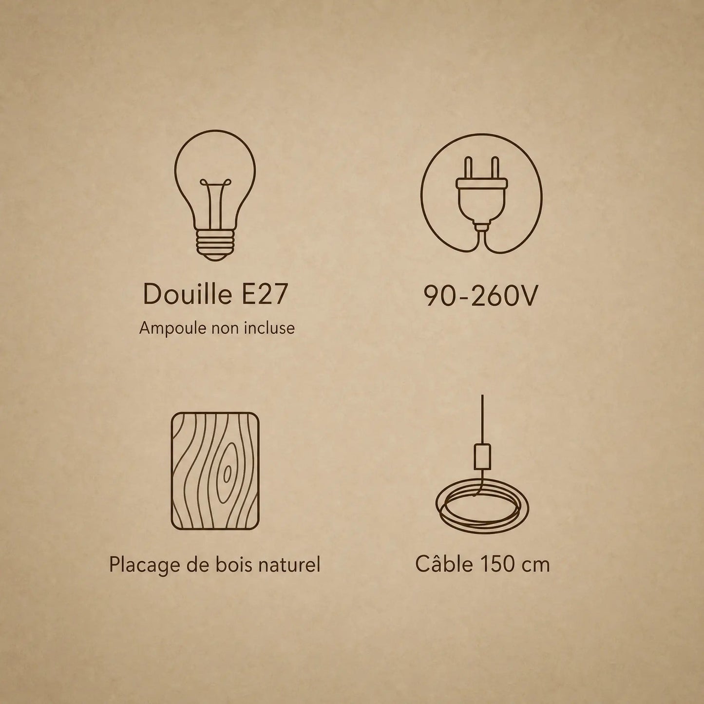 Specifications of the Vinin wood pendant light: E27 fitting, 90-260V, natural wood veneer, 150 cm cable | Wickleigh
