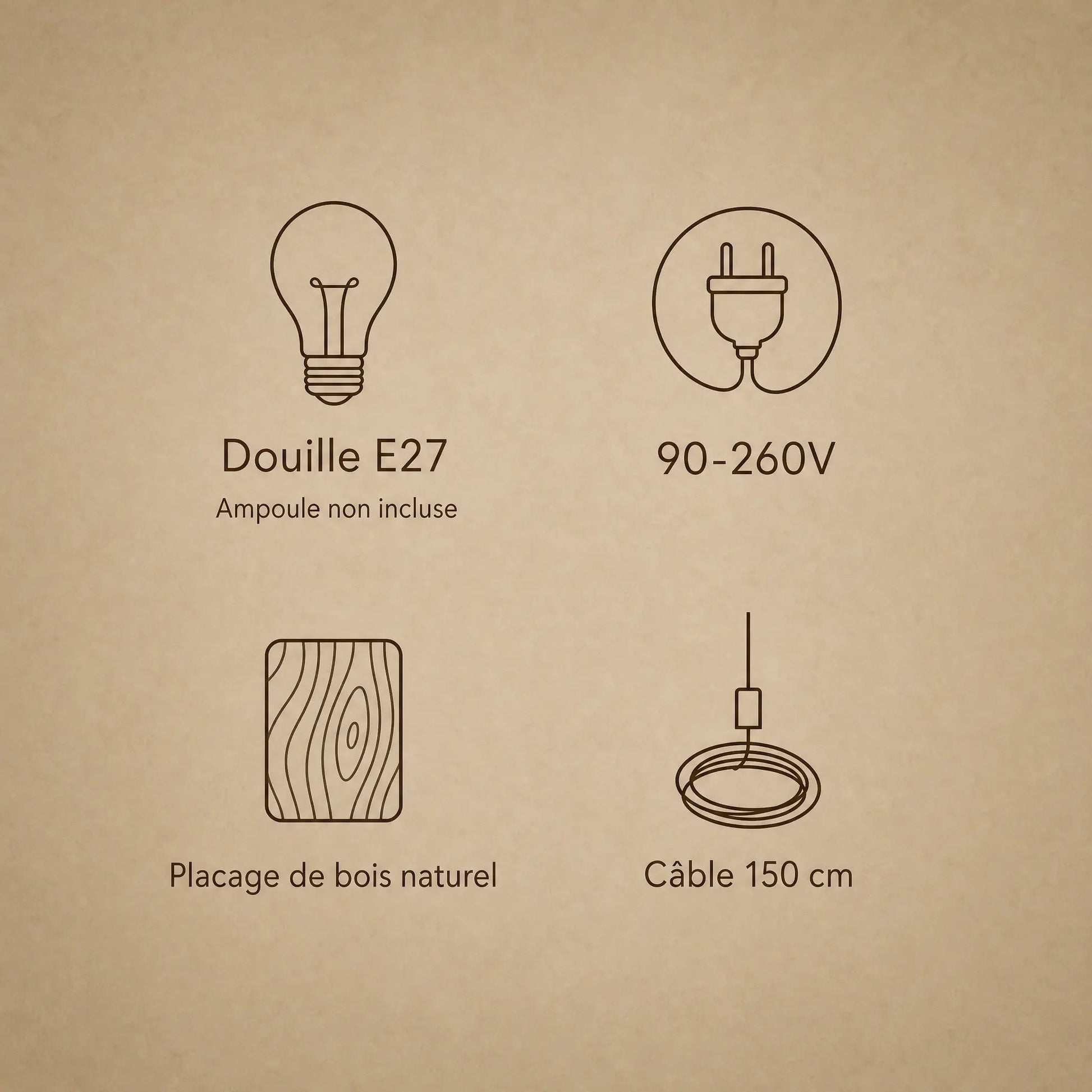 Specifications of the Vinin wood pendant light: E27 fitting, 90-260V, natural wood veneer, 150 cm cable | Wickleigh