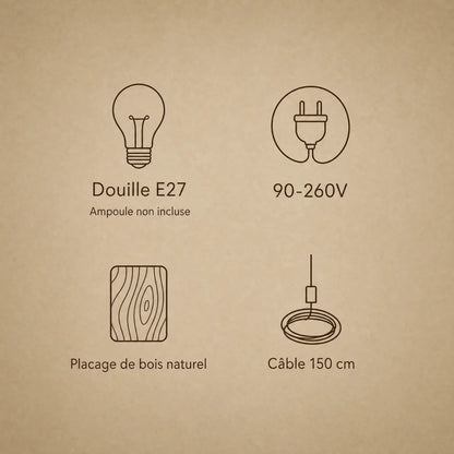 Specifications of the Vinin wood pendant light: E27 fitting, 90-260V, natural wood veneer, 150 cm cable | Wickleigh