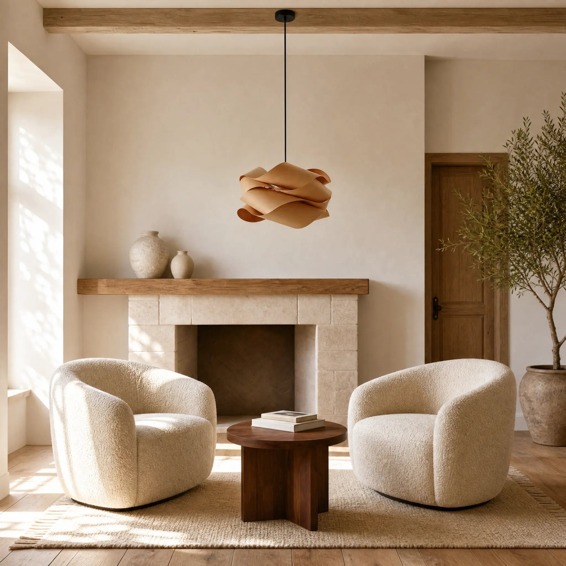 Vinin wood pendant light above a walnut side table in front of a pale stone fireplace | Wickleigh