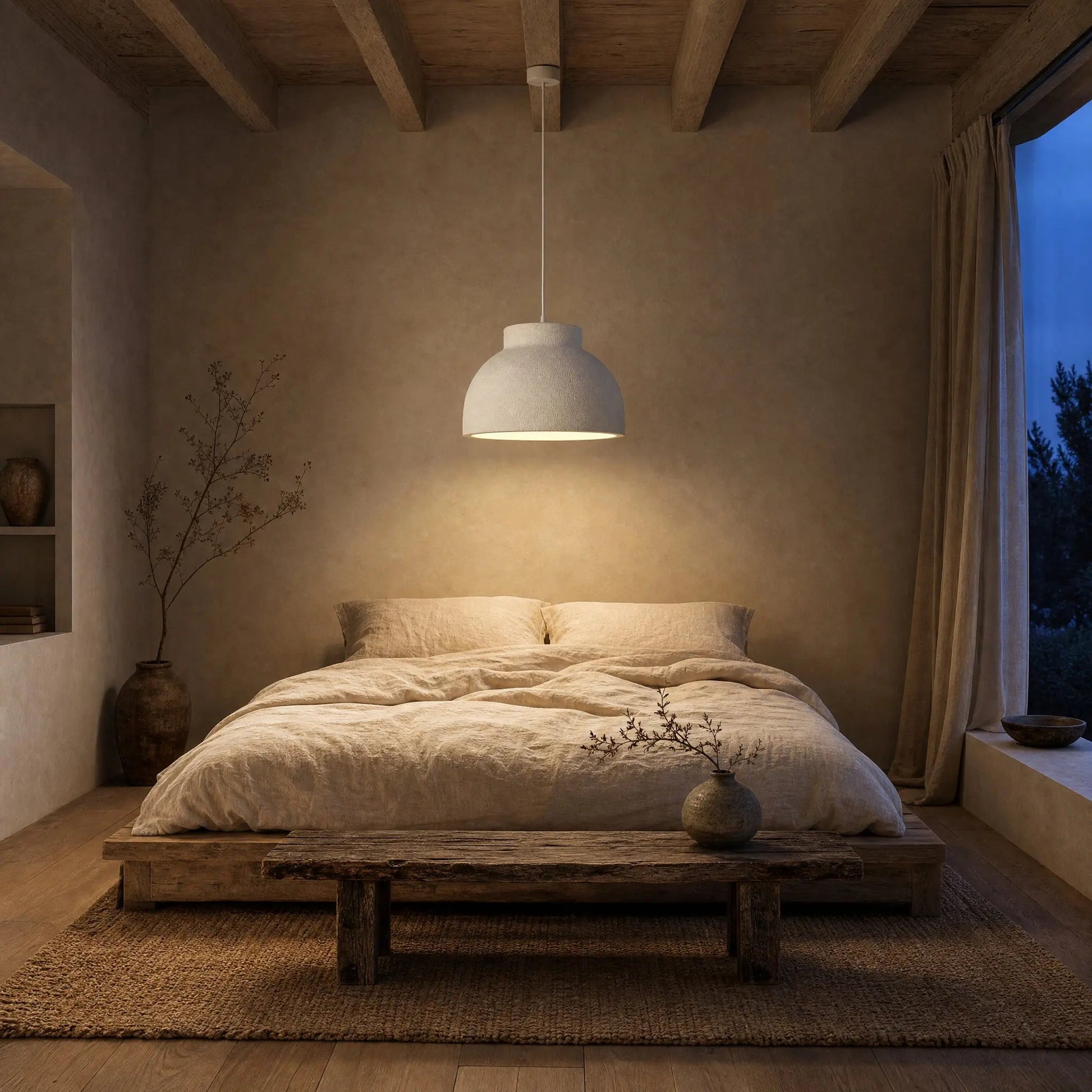 Velra chandelier lit above the bed in a wabi-sabi bedroom at dusk | Wickleigh