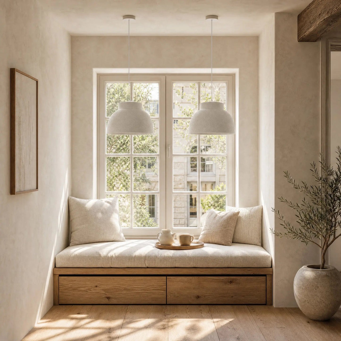 Two Velra chandeliers, Ø 39 cm, aligned above a window seat | Wickleigh