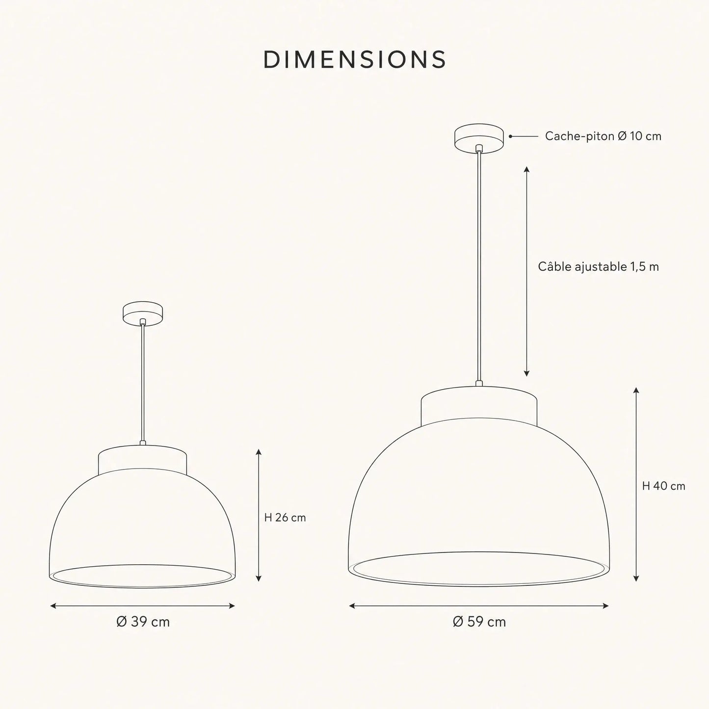 Dimension diagram of the Velra chandelier, Ø 39 x H 26 cm and Ø 59 x H 40 cm | Wickleigh