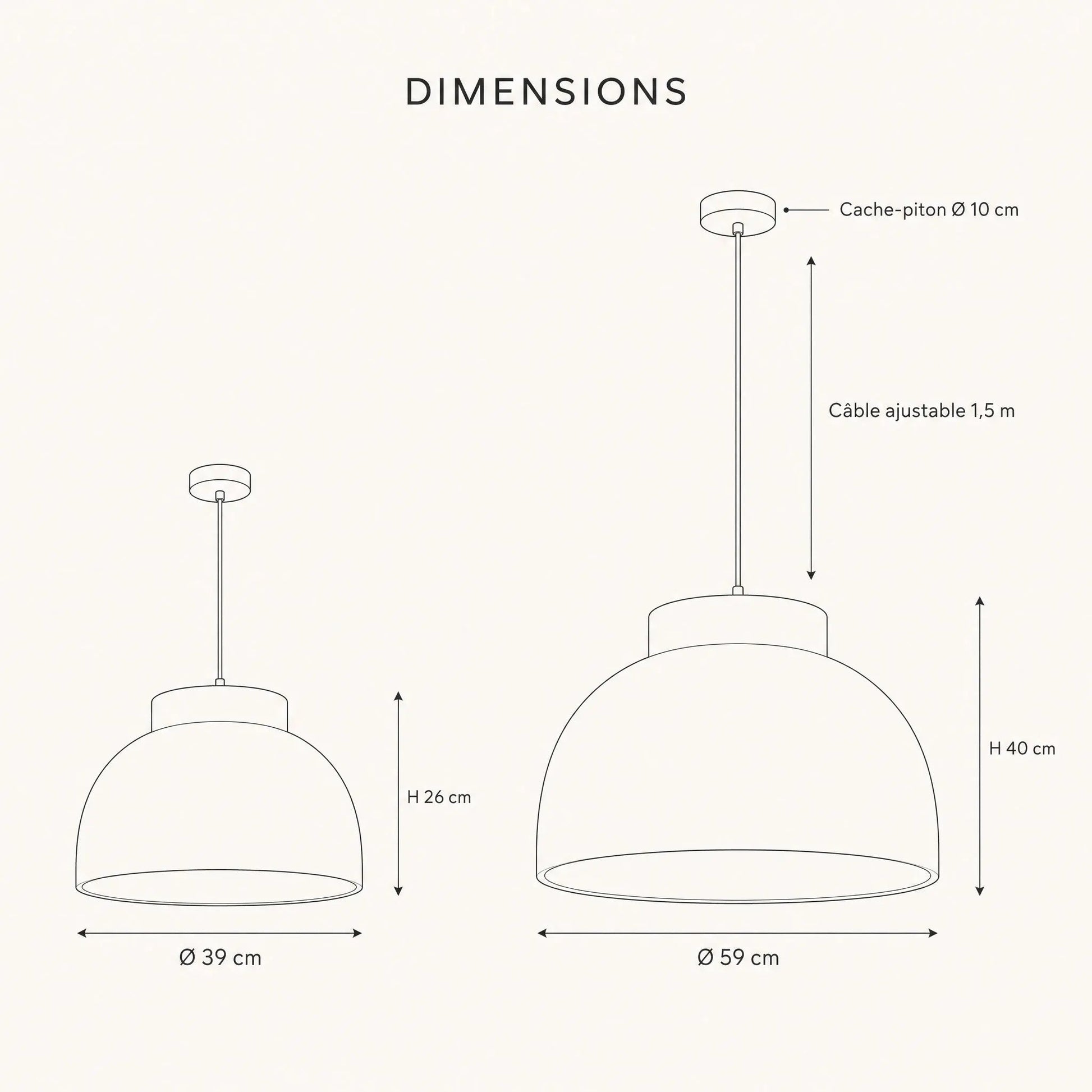 Dimension diagram of the Velra chandelier, Ø 39 x H 26 cm and Ø 59 x H 40 cm | Wickleigh