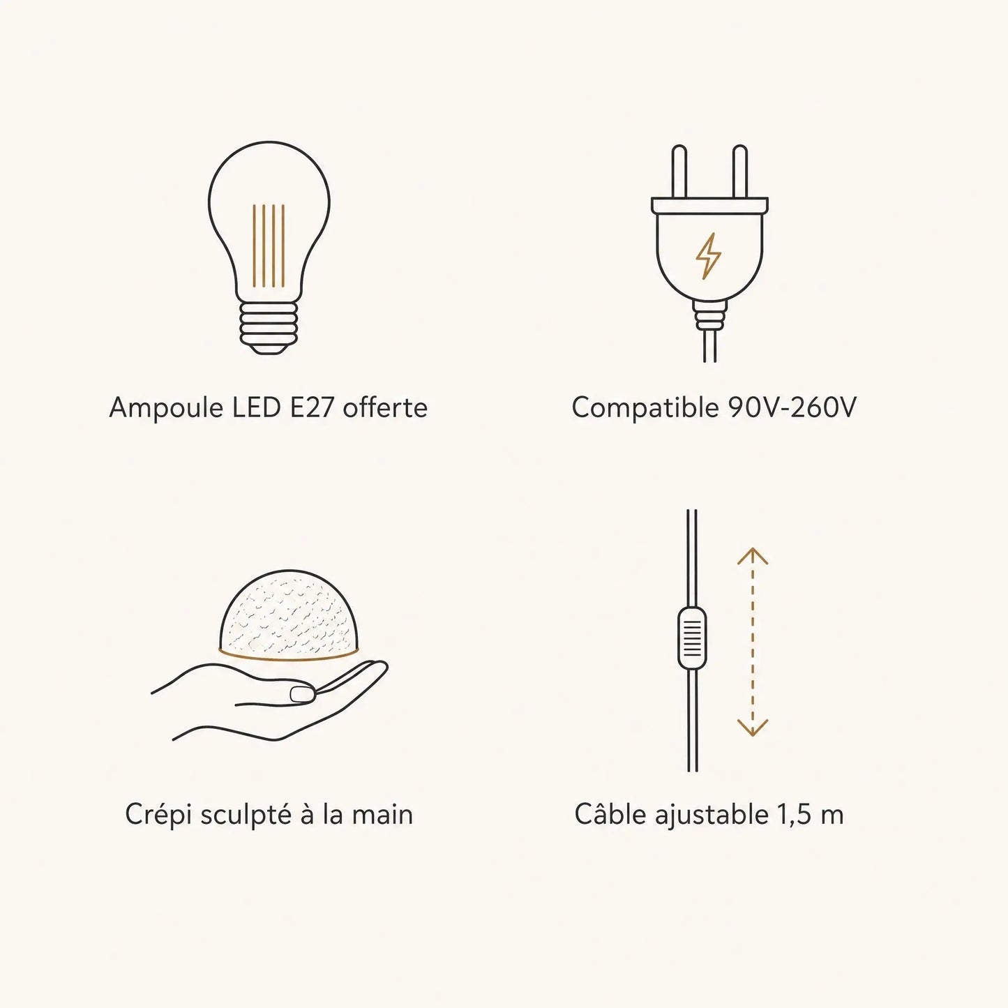 Specifications of the Velra chandelier: E27 LED bulb included, 90V-260V, hand-sculpted texture, adjustable cable | Wickleigh