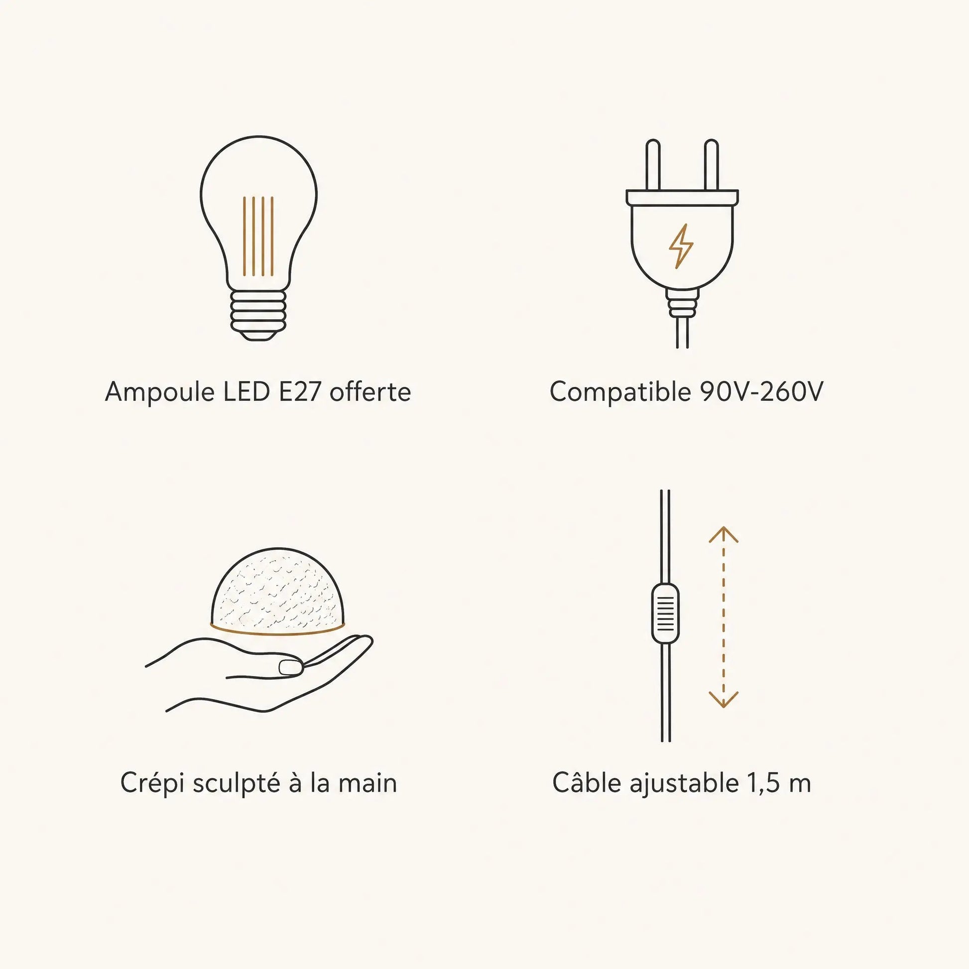 Specifications of the Velra chandelier: E27 LED bulb included, 90V-260V, hand-sculpted texture, adjustable cable | Wickleigh
