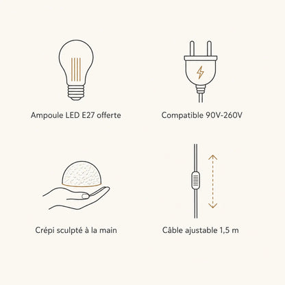 Specifications of the Velra chandelier: E27 LED bulb included, 90V-260V, hand-sculpted texture, adjustable cable | Wickleigh