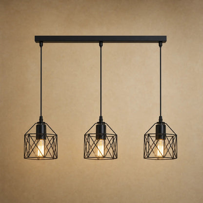 Ullin kitchen pendant light, trio of black iron cages, beige mineral backdrop | Wickleigh
