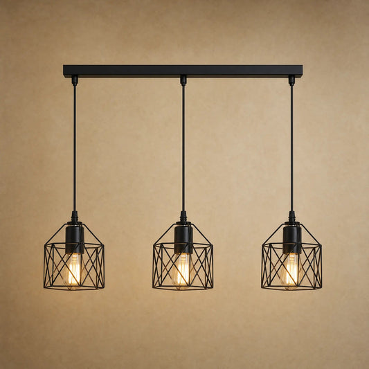Ullin kitchen pendant light, trio of black iron cages, beige mineral backdrop | Wickleigh