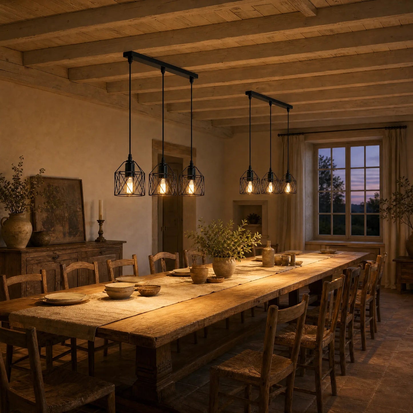 Two Ullin pendant lights aligned above a long farmhouse table in the evening | Wickleigh