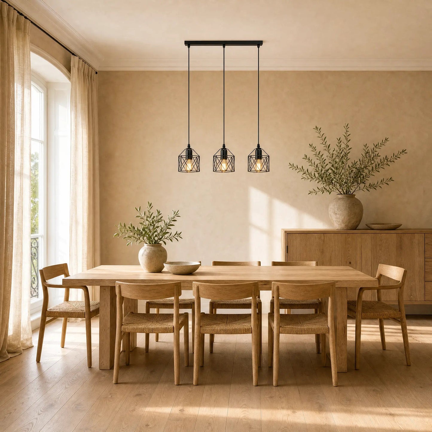 Ullin kitchen pendant light above a sunlit dining table | Wickleigh